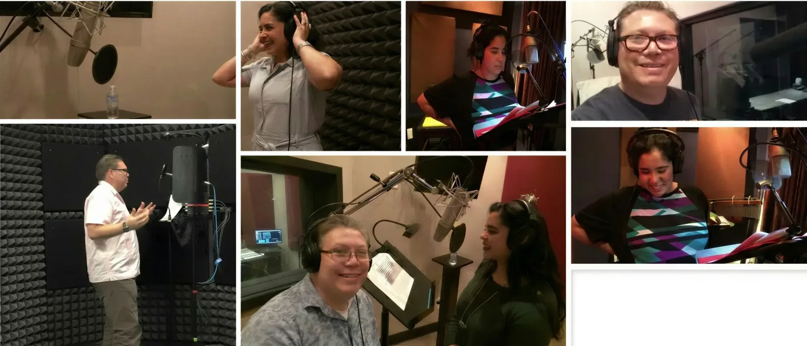 Julio and Tamra recording and directing a Spanish voice over session in the studio